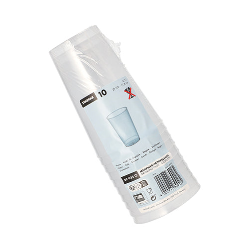 Pakkaus, jossa on kymmenen Starpak 10 -monikäyttömukia PP:stä, läpikuultavia, särkymättömiä mukeja muovikalvossa, jossa on Starpak-brändi, mukikuva, tuotetietoja, kierrätyssymboleja ja viivakoodi.