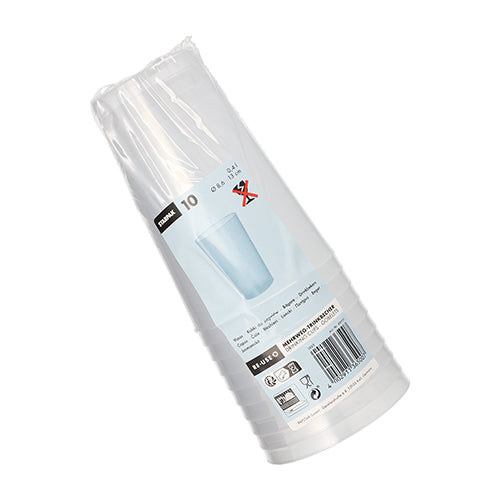 Starpak 10 -monikäyttömuki PP läpikuultava särkymätön Starpakilta toimitetaan muovipakkauksessa, jossa on tuote-etikettejä, kierrätyssymboleja ja viivakoodi ulkopuolella.
