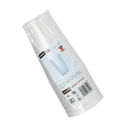 Starpak 10 -monikäyttömuki PP läpikuultava särkymätön Starpakilta toimitetaan muovipakkauksessa, jossa on tuote-etikettejä, kierrätyssymboleja ja viivakoodi ulkopuolella.