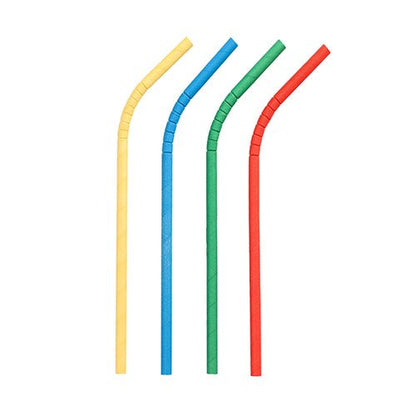 Neljä ylöspäin kaartuvaa paperipilliä (Ø 6 mm, 20 cm) PAPSTAR GmbH:lta keltaisena, sinisenä, vihreänä ja punaisena ovat pystysuorassa valkoisella taustalla. Setti sisältää 100 lajitelmaa joustavia pillejä.