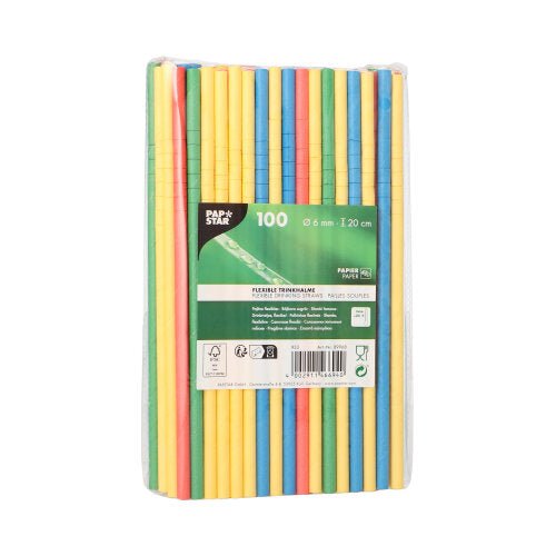 Kirkas pakkaus PAPSTAR GmbH:lta sisältää 100 joustavaa, värilajiteltua paperipilliä (6 mm x 20 cm). Etiketissä edessä näkyvät tuotetiedot, PAPSTAR-brändäys ja piktogrammit.