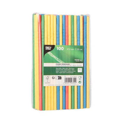 Kirkas pakkaus PAPSTAR GmbH:lta sisältää 100 joustavaa, värilajiteltua paperipilliä (6 mm x 20 cm). Etiketissä edessä näkyvät tuotetiedot, PAPSTAR-brändäys ja piktogrammit.