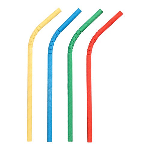 Neljä joustavaa PAPSTAR Shake-Halme paperipilliä (Ø 8 mm, 25 cm) keltaisena, sinisenä, vihreänä ja punaisena PAPSTAR GmbH:lta on pystysuorassa vierekkäin valkoisella pohjalla.
