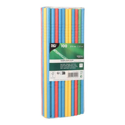 100 kappaleen pakkaus PAPSTAR GmbH Shake-Halme paperipillejä, Ø 8 mm, 25 cm, eri joustavissa väreissä. Pakattu kirkkaaseen muoviin vihreällä etiketillä - ihanteellinen juhliin tai päivittäiseen käyttöön.