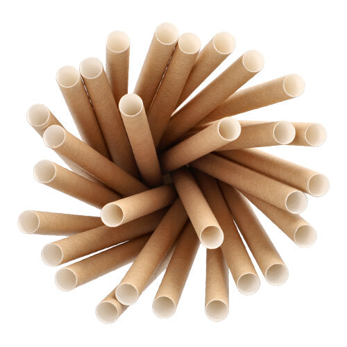 Draufsicht auf die PAPSTAR Bubble Tea Halme "pure" (Ø 12 mm, 20 cm, braun, umweltfreundlich | Folie, 200 Stück) der PAPSTAR GmbH in kreisförmiger Anordnung auf weißem Hintergrund.