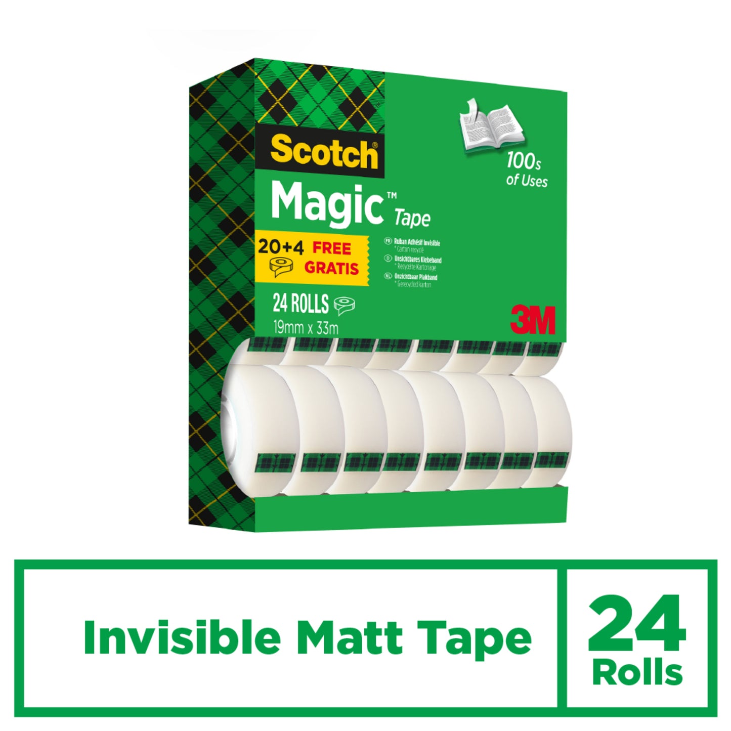 Scotch® Magic™ Invisible Tape -etupakkaus 3M Deutschland GmbH:lta, joka sisältää 24 rullaa (19 mm x 33 m), vihreä-mustassa laatikossa, jossa lukee "Invisible Matt Tape". Laatikossa lukee "100s of Uses" ja "20+4 Free Gratis", 3M-logolla.