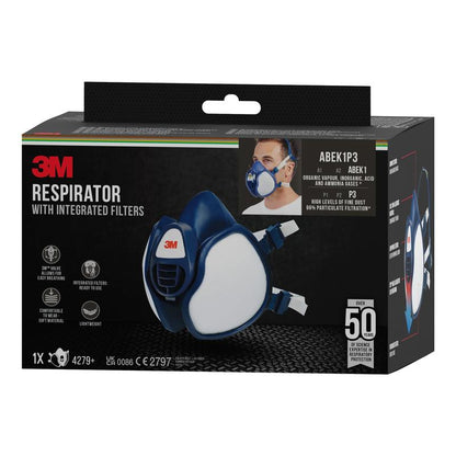 3M™ hengityssuojaimen pakkaus, jossa on integroidut suodattimet 3M Deutschland GmbH:ltä, on pääosin musta ja näyttää tuotetietojen lisäksi kuvan maskista ja pienen kuvan käyttäjästä.