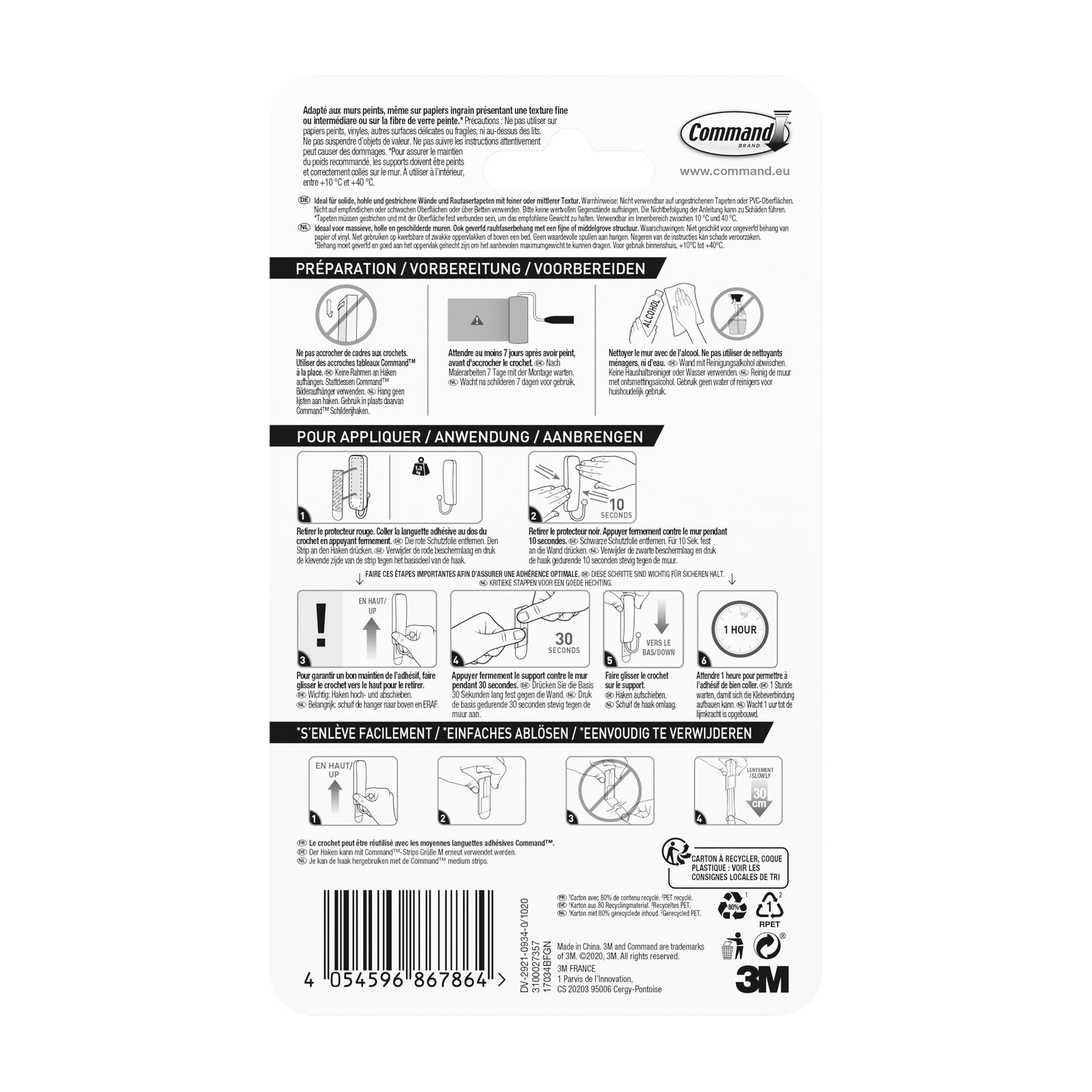 Rückseite einer 3M Command™ 17034B mittelmattschwarzen Hakenpackung (1 Haken, 2 Streifen) der 3M Deutschland GmbH mit mehrsprachigen Anweisungen und Diagrammen für Vorbereitung, Anbringung und Entfernung sowie Barcode und Branding am unteren Rand.