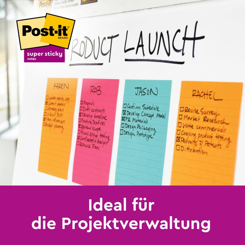 Valkotaulu näyttää "Product Launch" ja neljä värikästä Post-it® Notes -muistilappua suurikokoisena, keltaisena, 101 mm x 152 mm 3M Deutschland GmbH:lta, joissa on nimiä ja tehtävälistoja. Post-it Super Sticky -logo ja teksti: "Ihanteellinen projektinhallintaan."