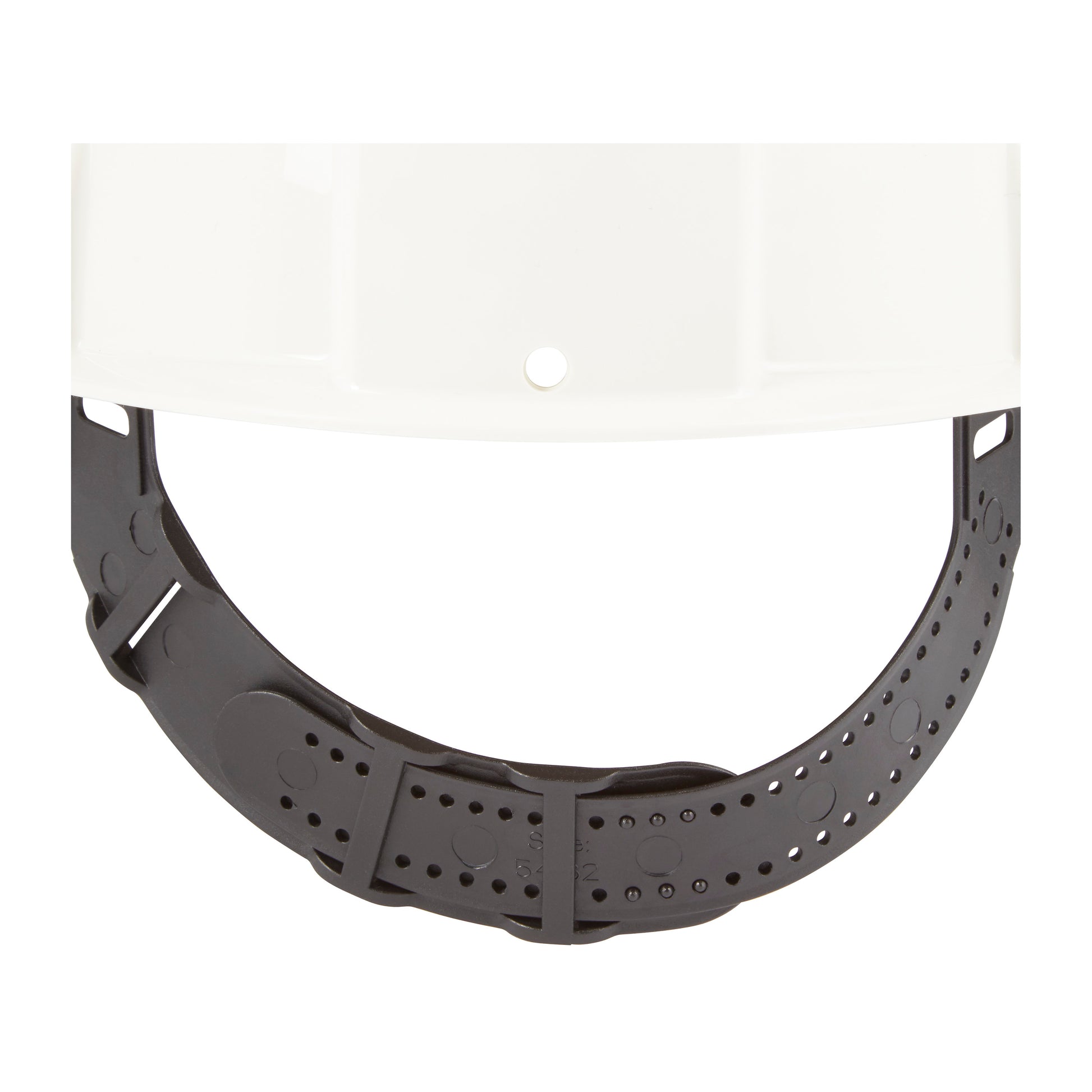 Eine Nahaufnahme des 3M™ Schutzhelm G3000C Uvicator der 3M Deutschland GmbH zeigt ein schwarzes Kunststoff-Kopfband mit größenverstellbaren Löchern und einem Arretierstift, der den Fokus auf den Arbeitsschutz unterstreicht.