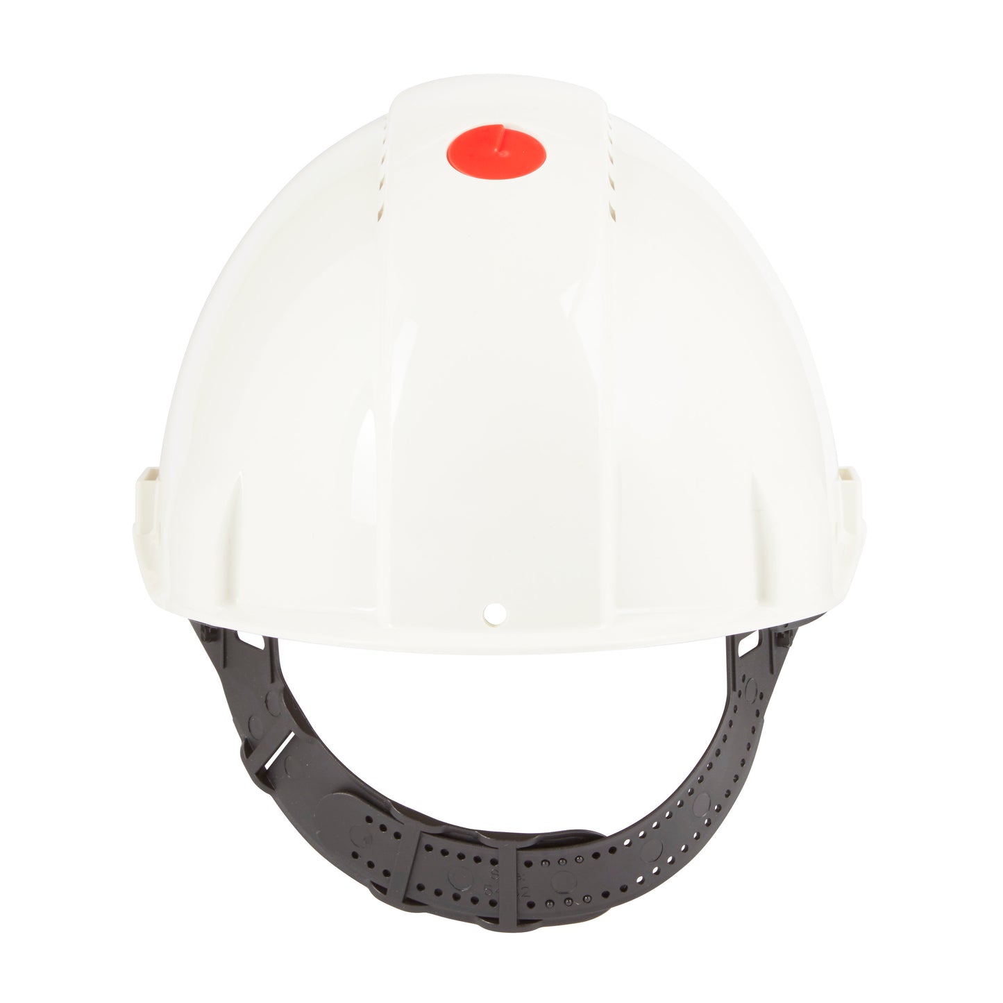 Der 3M™ Schutzhelm G3000C Uvicator von 3M Deutschland GmbH ist ein weißer Schutzhelm mit schwarzem, verstellbarem Kinnriemen und rotem Uvicator-Knopf, abgebildet auf einem schlichten weißen Hintergrund. Ideal für die Anforderungen des Arbeitsschutzes.