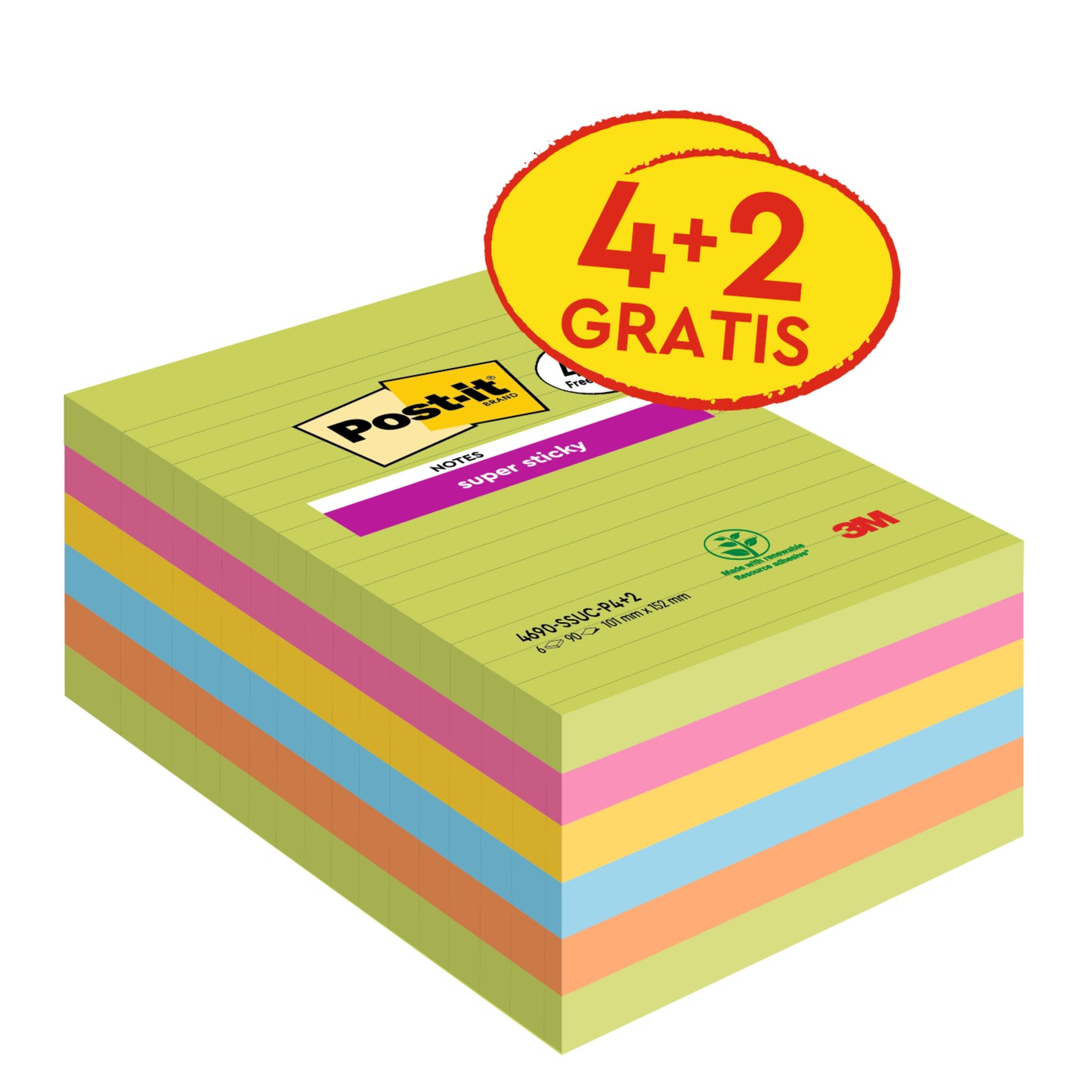 Pakkaus Post-it® Super Sticky Notes -muistiinpanolappuja isossa koossa, 101 x 152 mm, viivoitettu, eri väreissä. Sisältää 4 lohkoa + 2 ilmaiseksi (90 arkkia/lohko), vahvasti kiinnittyviä muistilappuja, 3M Deutschland GmbH:ltä, 100 % PEFC-sertifioitu.