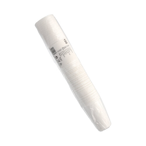 Pakkaus, jossa on 100 Starpak-juomakuppia (0,2 l, Ø 7,03 cm, 9,9 cm, valkoinen) kevyestä PP:stä, pakattu läpinäkyvään kalvoon, jossa on viivakoodi ja etiketti – täydellinen päivittäiseen käyttöön.