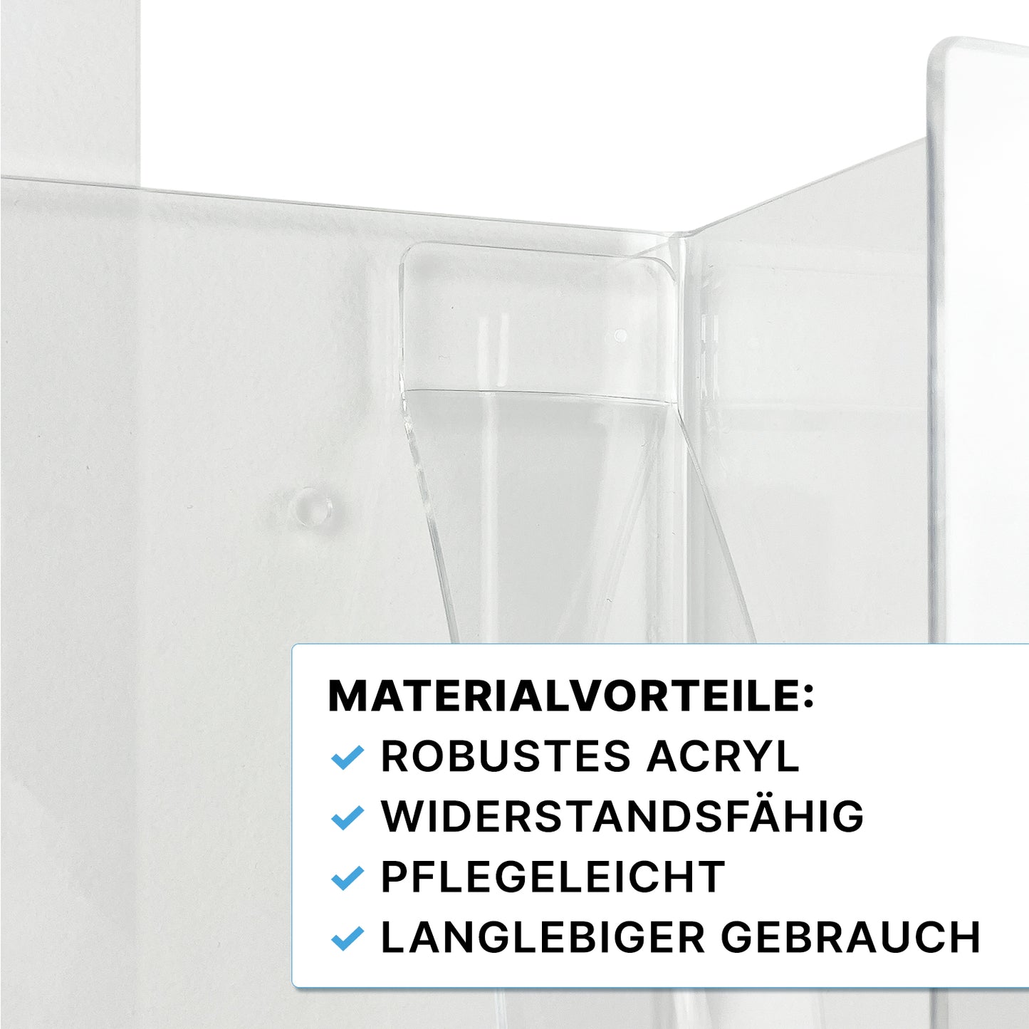 Nahaufnahme des ARNOMED Handschuhspenders zur 3-fach Befüllung von ARNOWA GmbH: ein transparenter, robuster Acrylhalter zur Aufbewahrung von Einweghandschuhen - widerstandsfähig, pflegeleicht und langlebig.