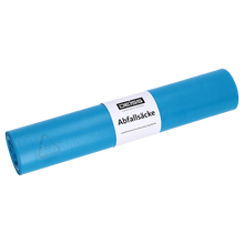 Abgebildet ist eine blaue Rolle EMIL DEISS KG (GmbH + Co.) Müllsäcke, Größe 600+300x1100 mm (Typ 60), beschriftet mit "DEISS Abfallsäcke" und "DEISS 90108", auf einfarbig weißem Hintergrund. Rolle enthält 25 Stück.