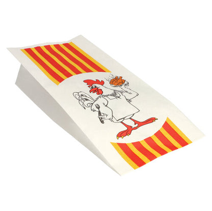Die Starpak 100 Hähnchenbeutel aus Papier mit HDPE-Einlage „Grillhähnchen“ sind weiß mit gelb-roten Streifen und Cartoon-Huhn – ideal zum umweltfreundlichen Servieren von Grillhähnchen.
