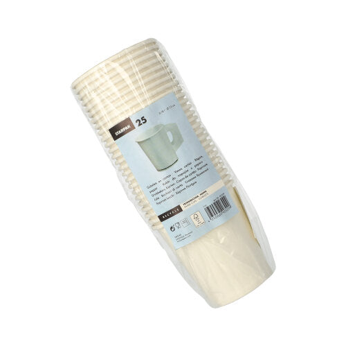 Läpinäkyvään muoviin kääritty 25 valkoisen Starpak-kertakäyttöpaperimukin pino (kukin 0,18 l, Ø 7,3 cm, 7,8 cm korkea) kahvoilla, varustettu Starpak-logolla ja tuotetiedoilla.