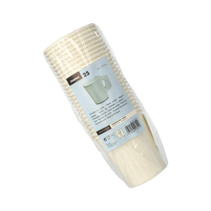 Läpinäkyvään muoviin kääritty 25 valkoisen Starpak-kertakäyttöpaperimukin pino (kukin 0,18 l, Ø 7,3 cm, 7,8 cm korkea) kahvoilla, varustettu Starpak-logolla ja tuotetiedoilla.