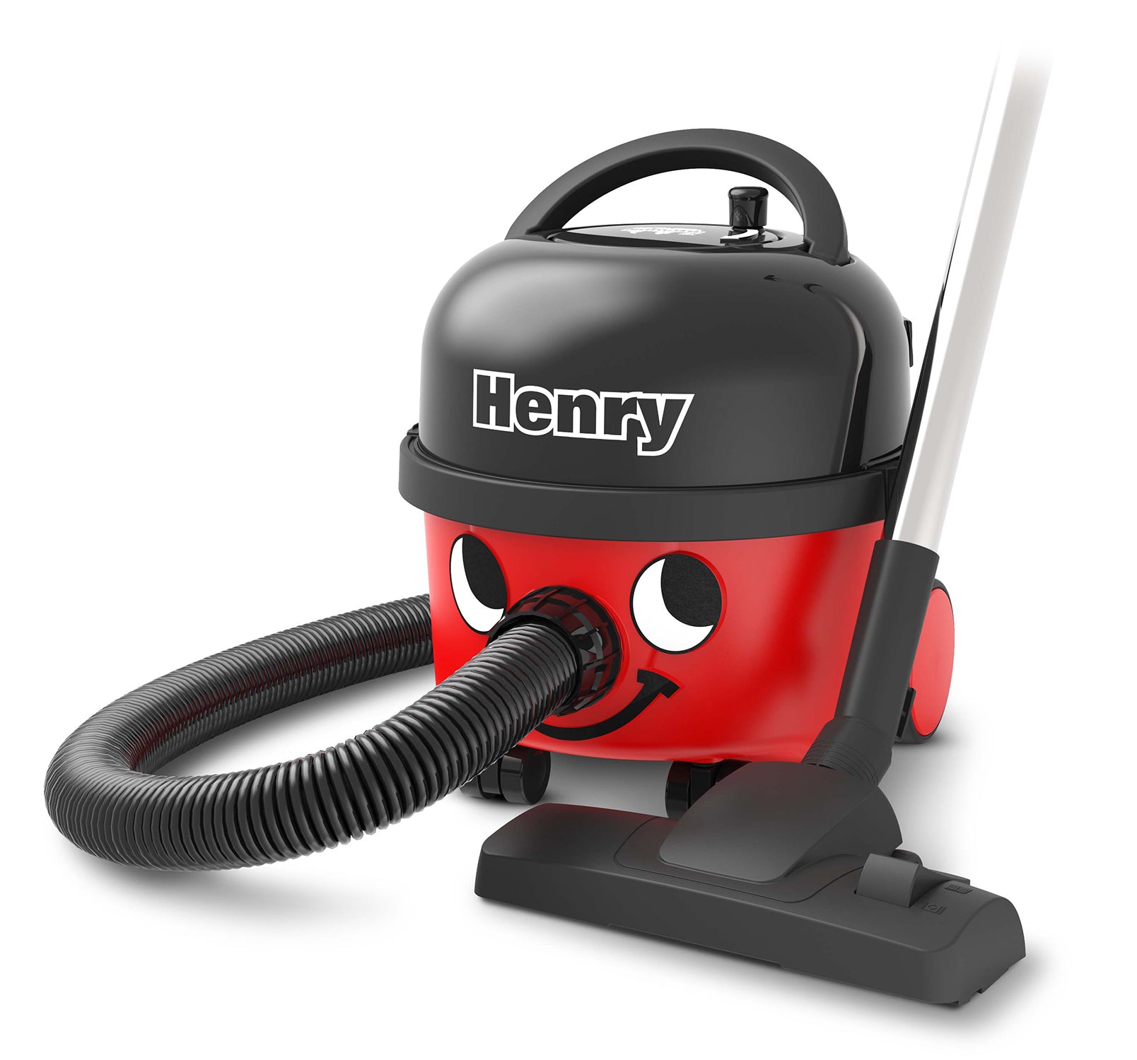 Der Henry Compact Staubsauger HVR160-11 von Numatic International GmbH ist ein rot-schwarzer Kanistersauger mit dem Namen "Henry" auf der Oberseite, einem lächelnden Gesicht, einem flexiblen Schlauch und einem silber-schwarzen Bodenaufsatz.
