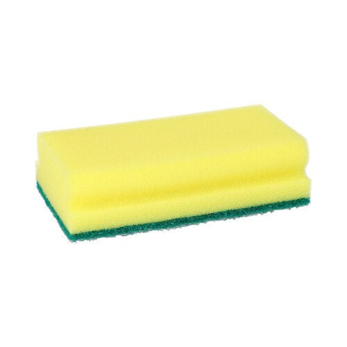 Starpak 3 Topfreiniger Sieni Jumbo on suorakulmainen kelta-vihreä keittiösieni (4,1 x 14,8 x 8,5 cm), jossa on kahvaura ja hankauspinta tehokkaaseen puhdistukseen; kuvattu yksinkertaisella valkoisella taustalla. 3:n setti vyötteellä.