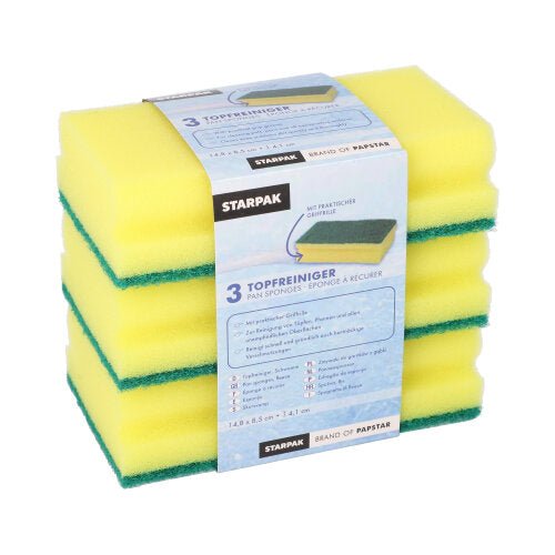 Pakkaus, jossa on 3 suorakulmaista kelta/vihreää Starpak Jumbo-sientä, joissa on kahvaura ja naarmuuntumaton pinta (4,1 x 14,8 x 8,5 cm), vyötteessä, ihanteellinen kattiloiden ja pannujen tehokkaaseen puhdistukseen.