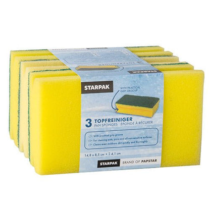 Pakkaus, jossa on kolme suorakulmaista Jumbo-sientä (4,1 x 14,8 x 8,5 cm, keltainen/vihreä, kahvauralla, hankaavalla puolella) Starpak Topfreinigerilta, monikielisesti merkitty tehokasta puhdistusta varten.