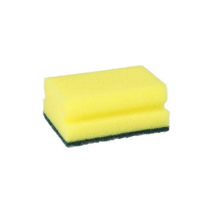 Suorakulmainen kelta/vihreä raapiva sieni Starpakilta, jossa on kahvaura, koko 4,1 x 9,5 x 6,8 cm, sarjasta „Starpak 6 kattilanpuhdistajaa“, kuvattu valkoisella taustalla.