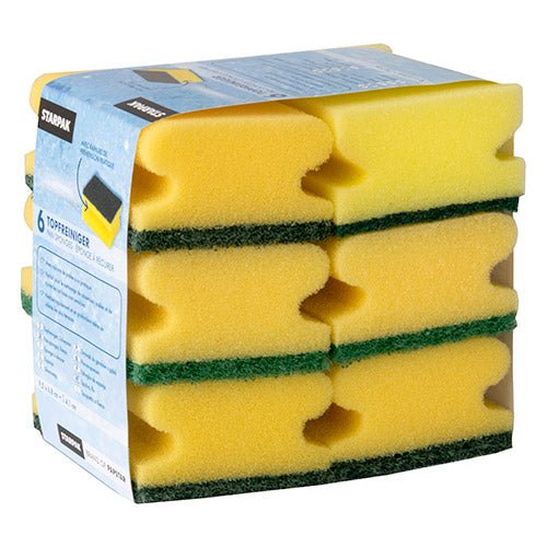Pakkaus, jossa on 6 suorakulmaista Starpakin kattilanpuhdistussientä (4,1x9,5x6,8 cm), kelta/vihreä kahvauralla paremman otteen takaamiseksi, pinottuna ja etikettiin pakattuna. Ihanteellinen jynssäämiseen, merkiltä Starpak.
