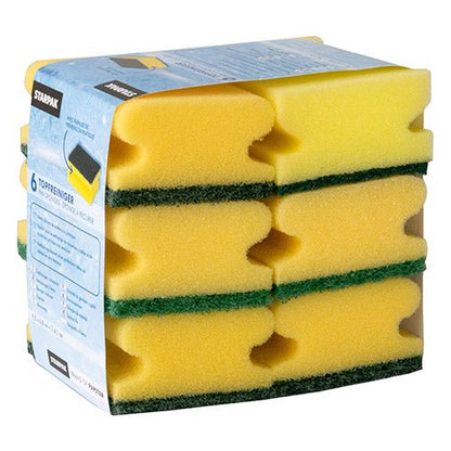 Pakkaus, jossa on 6 suorakulmaista Starpakin kattilanpuhdistussientä (4,1x9,5x6,8 cm), kelta/vihreä kahvauralla paremman otteen takaamiseksi, pinottuna ja etikettiin pakattuna. Ihanteellinen jynssäämiseen, merkiltä Starpak.