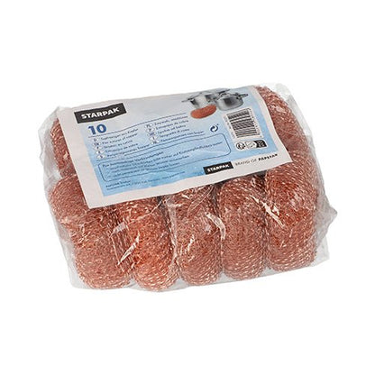 Läpinäkyvässä muovipakkauksessa on 10 Starpak kuparista kattilanpuhdistajaa, halkaisija 9 cm · 3 cm, jokainen on kestävä tehokkaaseen puhdistukseen, sinivalkoisella etiketillä, jossa on tuotetiedot ja viivakoodi.