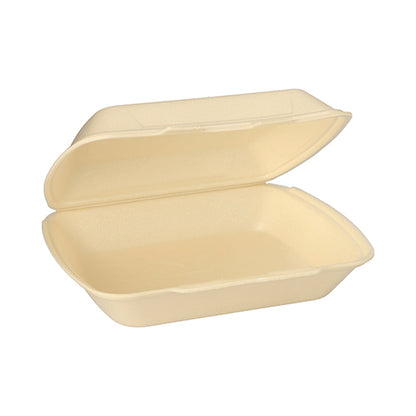 Yksi Starpak Menubox XPS mukaan otettavaksi (7,5 cm x 24,3 cm x 20,8 cm) sarjasta "Starpak 100 Menuboxia saranoilla" on avattuna ja tyhjänä valkoisella taustalla, ja siinä näkyy sen beige suorakulmainen muotoilu.