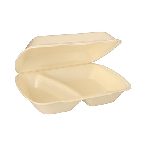 Avoin ja tyhjä Starpak-ateriaboksi, jossa on saranoitu kansi, XPS, 2-osainen (7,5 x 24,3 x 20,8 cm), näkyy valkoista taustaa vasten.