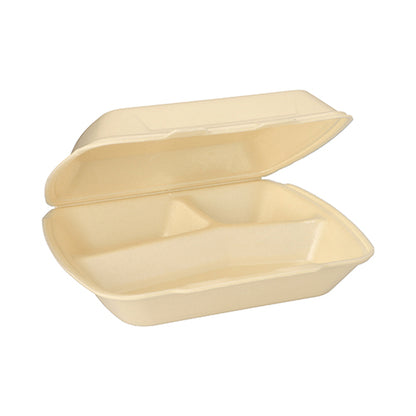 Beige, suorakulmainen Starpak-ruokailulaatikko kannella (XPS, 3-osainen, 7,5 x 24,3 x 20,8 cm) on auki ja tyhjä, ja siinä näkyy kolme lokeroa sisällä.