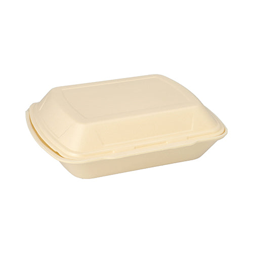 Suljettu, beige Starpak-ruokailulaatikko kannella, XPS:stä, 3-osainen (7,5 x 24,3 x 20,8 cm), ravintolakäyttöön, näkyy valkoisella taustalla.