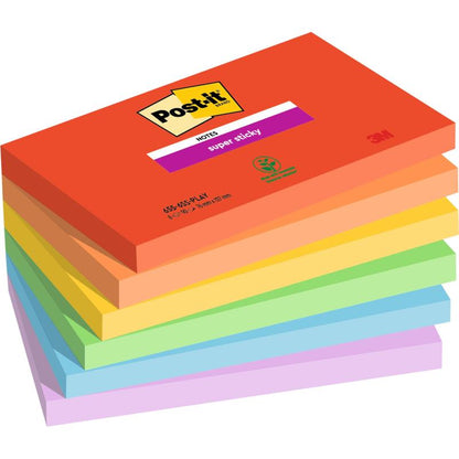 3M Deutschland GmbH:n Post-it® Super Sticky Notes -pino, 76 x 127 mm, 90 arkkia per pakkaus, 100% PEFC-sertifioitu, eri väreissä, ja logolla ylimmässä arkissa.