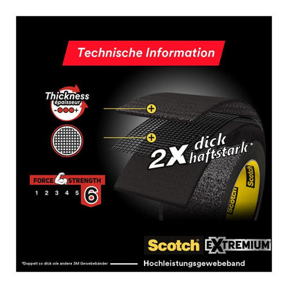 Kuvassa näkyy musta rulla 3M Scotch® Extremium™ Ultra High Performance -teippiä DT17 (10 m x 24 mm), jossa lukee "2X paksu tarttuvuus" ja lujuusluokka 6/6. Teksti on saksaksi ja englanniksi. Pakkaus: 1 rulla, 6 kappaletta/pakkaus.