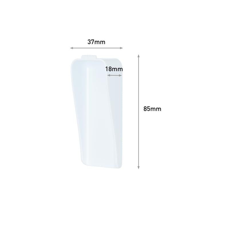 3M Deutschland GmbH:n Command™-kangasripustin on valkoinen, suorakulmainen muoviesine, jonka mitat ovat 37 mm leveys, 18 mm syvyys ja 85 mm korkeus, ja mitat on selvästi ilmoitettu yksinkertaisella valkoisella taustalla.