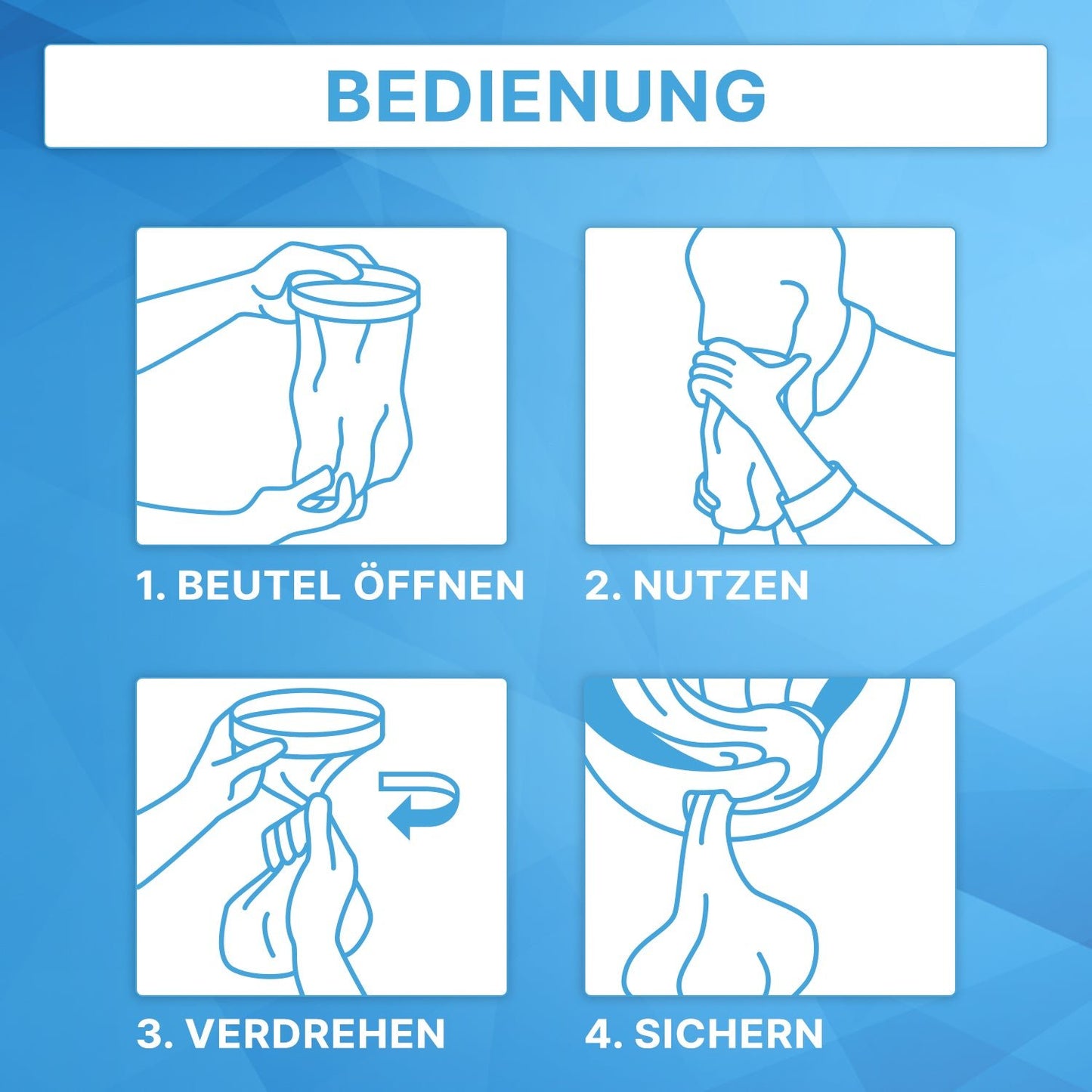 Vier mit 1-4 beschriftete Abbildungen zeigen, wie der ARNOMED Spuckbeutel mit Verschlussring (ARNOWA GmbH) zu verwenden ist: Beutel öffnen, an den Mund halten, oben zudrehen und mit dem Verschlussring sichern. Anleitung ist auf Deutsch als medizinisches Zubehör.