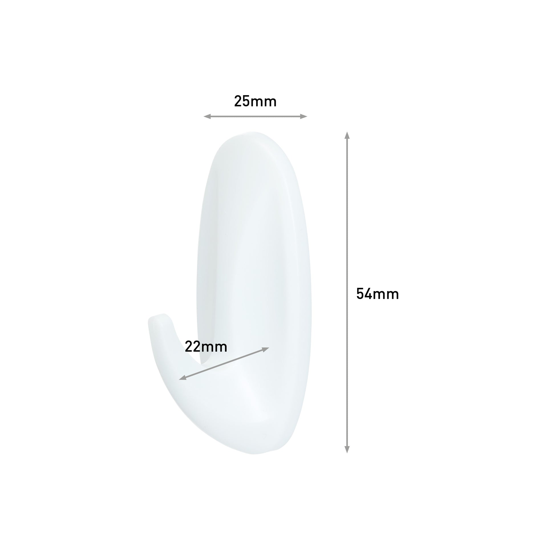 Der Command™ Small Designer-Haken, 17082 von 3M Deutschland GmbH ist vor einem einfarbigen Hintergrund mit beschrifteten Abmessungen abgebildet: 54 mm hoch, 25 mm breit und 22 mm tief. Die Packung enthält 1 Stück.
