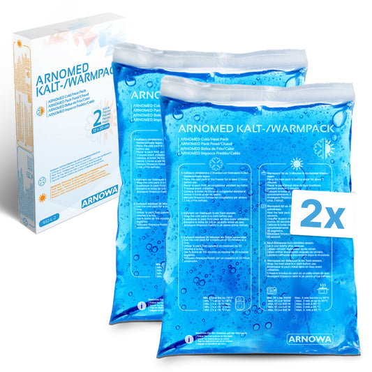 Zwei blaue ARNOMED KALT-/WARMPACK Wiederverwendbare Kalt-/Warm-Kompressen der ARNOWA GmbH sind vor ihrer Verpackung abgebildet, die eine Produktinformation und ein "2x"-Symbol enthält - ideal zur Schmerzlinderung.