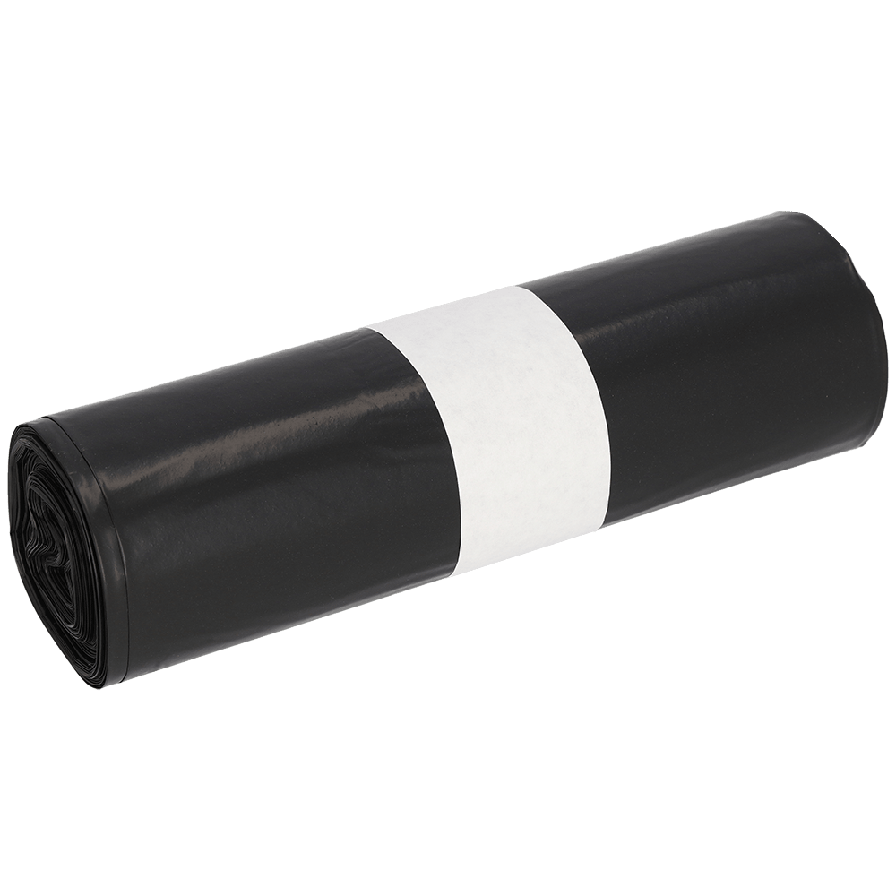 Kuvassa on rulla EMIL DEISS KG (GmbH + Co.) DEISS 95005 roskapusseja, 200+180x540 mm Tyyppi 70 musta (25 kappaletta), kiinnitetty yksinkertaisella valkoisella paperinauhalla, valkoisella taustalla.