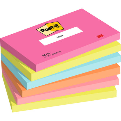 Kuuden pakkauksen 3M Post-it® Notes (76 x 127 mm, 100 arkkia / lohko, 100% PEFC) lohkoissa pinkki, keltainen, sininen ja oranssi; päällimmäinen lohko on pinkki, jossa on "Post-it"-etiketti. 3M Deutschland GmbH:lta.