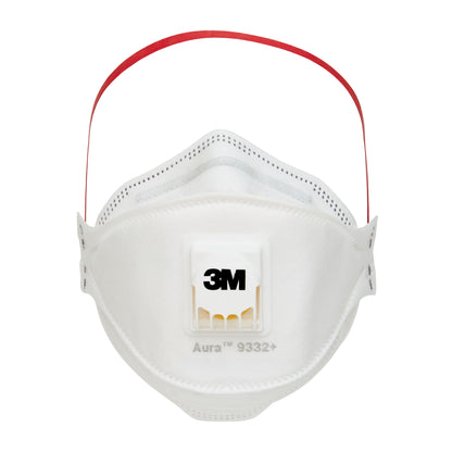 Die 3M™ Aura™ Comfort Cool Flow™ Partikelmaske 9332+, FFP3, von 3M Deutschland GmbH ist eine weiße Gesichtsmaske mit rotem Kopfband, integriertem Ausatemventil und dem 3M Logo auf der Vorderseite.