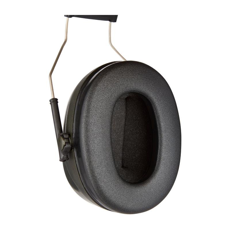 Lähikuva 3M™ PELTOR™ Optime™ II -kuulonsuojaimista H520A (SNR 31 dB, vihreä) 3M Deutschland GmbH:lta näyttää ovaalin korvapehmusteen mustalla rakennepehmusteella ja metallisilla sangoilla valkoista taustaa vasten.