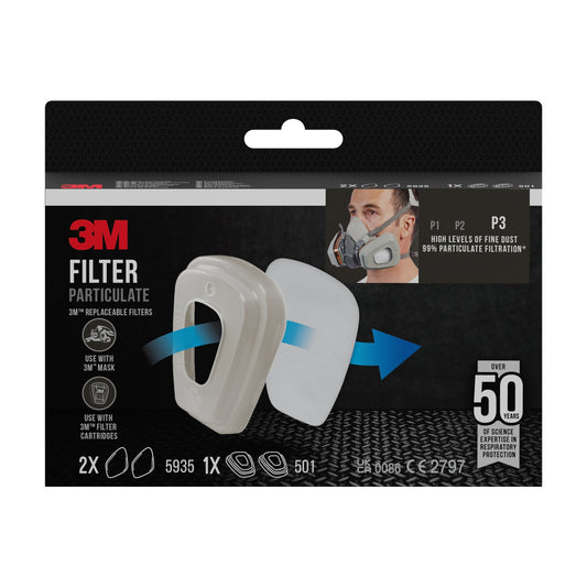 Vorderansicht des 3M™ Partikelfilters 5935, P3, 2 Paar/Packung + Filterhalterung 501 zeigt zwei weiße Filter, eine Maskenabbildung und einen Text, der den P3-Schutz und die über 50-jährige Erfahrung der 3M Deutschland GmbH hervorhebt.