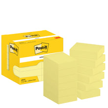 Eine gelbe Schachtel Post-it® Notes, Gelb, 38 mm x 51 mm, 100 Blatt/Block, 12 Blöcke/Packung der 3M Deutschland GmbH ist neben zehn Stapeln Haftnotizen gelb abgebildet; beide tragen das Post-it-Logo und den 3M-Schriftzug.