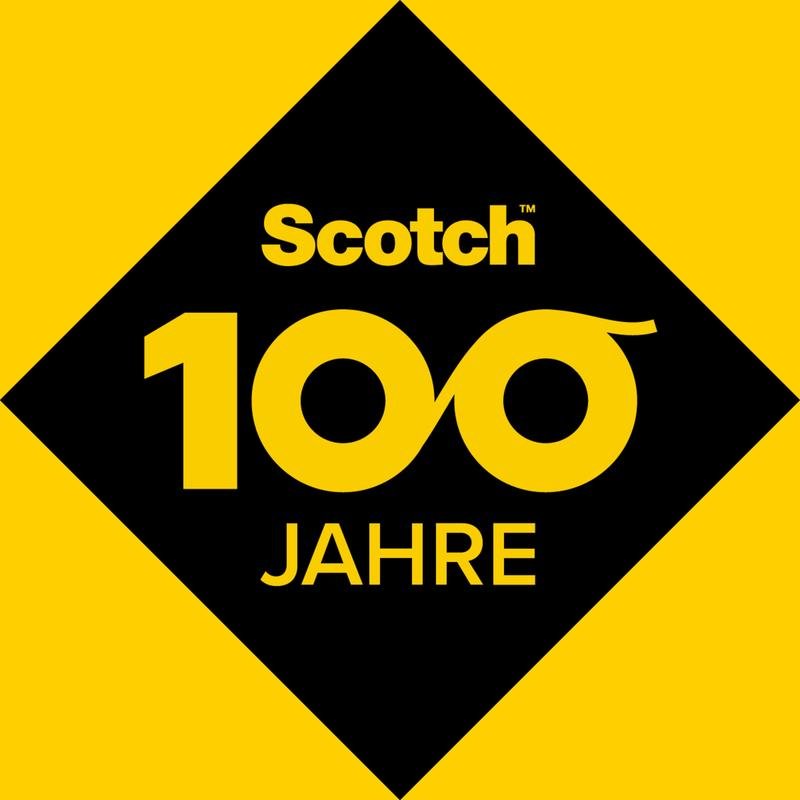 Musta vinoneliö keltaisella näyttää Scotch-logon, "100" teippirullilla ja "VUOTTA", joka merkitsee 100 vuoden innovaatioita kuten Scotch® Extreme kestävät huopatyynyt SP87A36 (Ø34 mm, 4/pakkaus), itseliimautuva optimaaliseen huonekalusuojaan 3M Deutschland GmbH:lta.