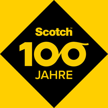 Eine schwarze Raute mit dem gelben Schriftzug "Scotch 100 Jahre" und einer unendlichen "100" auf gelbem Grund weist auf den Scotch® Permanent-Klebestift, 8 g | 1 Stück der 3M Deutschland GmbH hin - ein starker Kleber für jedes Projekt.