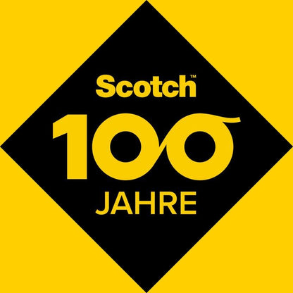 Musta vinoneliö keltaisella taustalla näyttää "Scotch 100 VUOTTA" keltaisella, jossa 100 on äärettömyyssymbolina, juhlistaen 3M Deutschland GmbH:n Scotch™ teippiteline C18 + Scotch® Magic™ näkymätöntä teippiä (19 mm x 33 m).