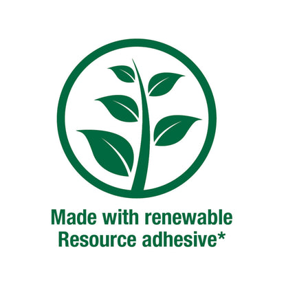 Ein grünes Kreissymbol mit einer stilisierten Pflanze und dem Text "Made with renewable Resource adhesive*" unterstreicht, dass 3M Deutschland GmbH Post-it® Notes im Großformat, Gelb, liniert (100% PEFC), umweltfreundliche Haftnotizen sind.